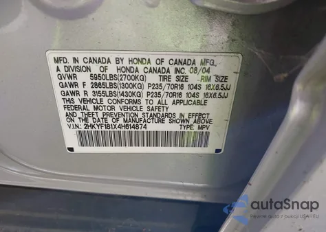2004 Honda Pilot Lx z USA, uszkodzony, nr VIN 2HKYF181X4H614874